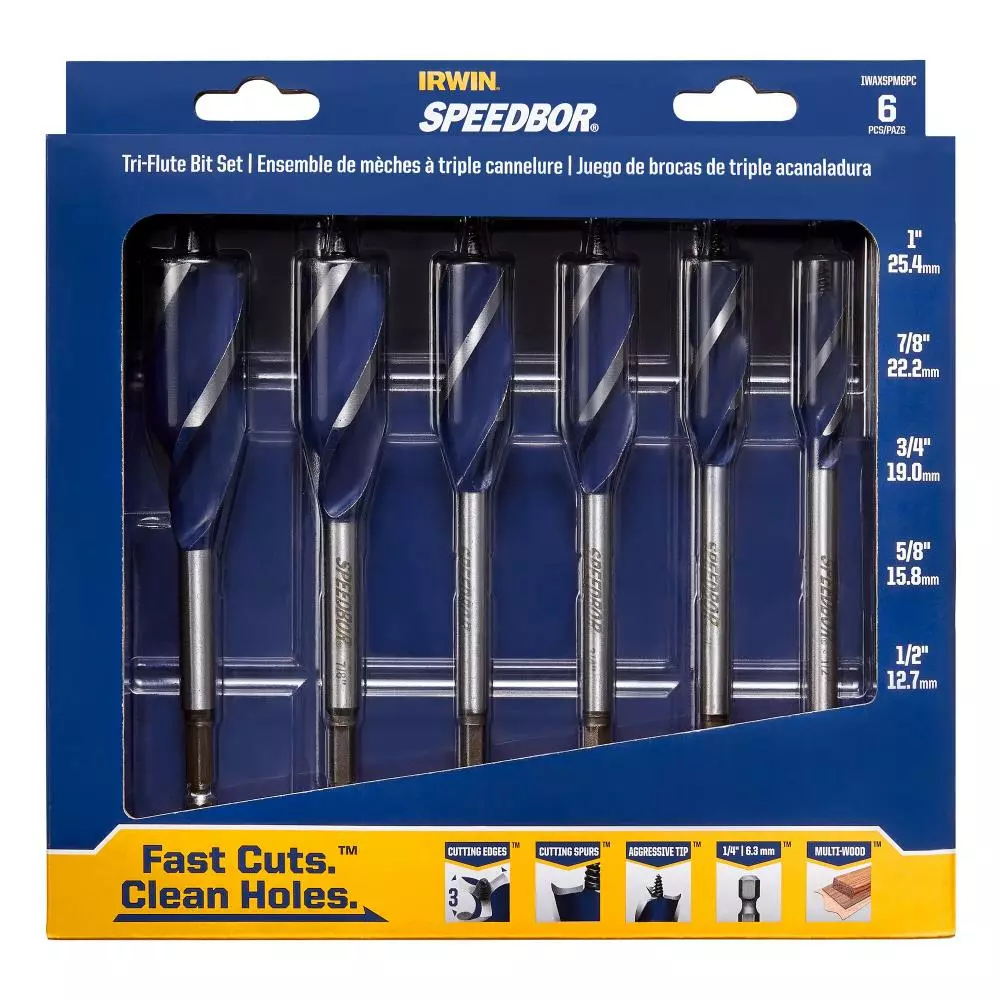 IRWIN Woodboring Drill Bits Speedbor 6-Piece Assorted Woodboring Tri-flute Drill Bit Set 3 IRWIN Woodboring Drill Bits Speedbor 6-Piece Assorted Woodboring Tri-flute Drill Bit Set